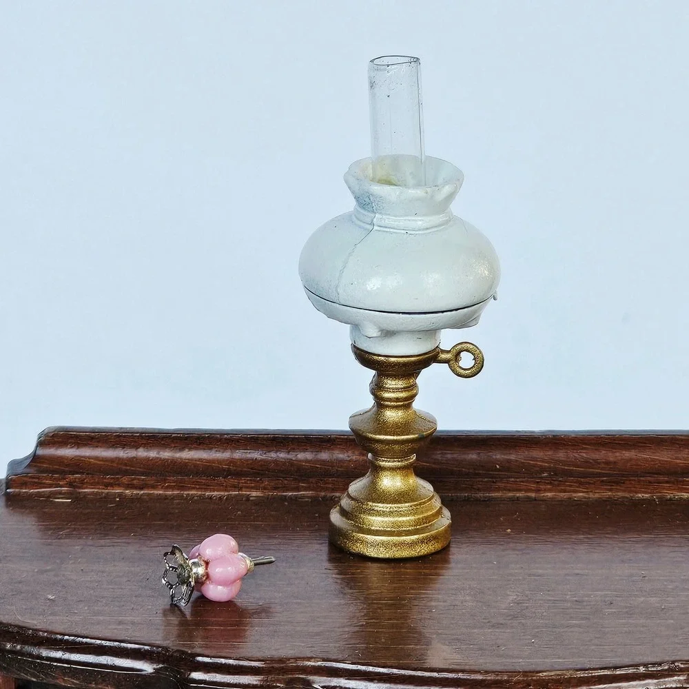Vtg Dollhouse Brass Victorian Mini Oil Lamp Hurricane Gold White Shabby Chic